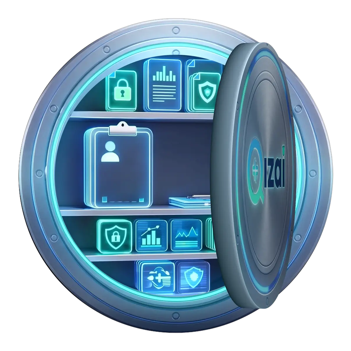 Animation du coffre-fort numérique QIZAI protégé par identification