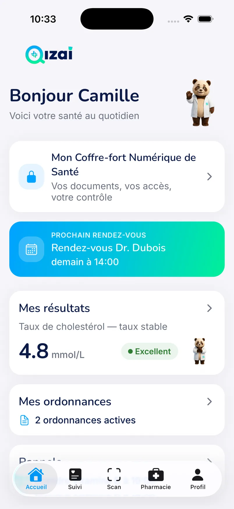 Écran d’accueil de l’application QIZAI